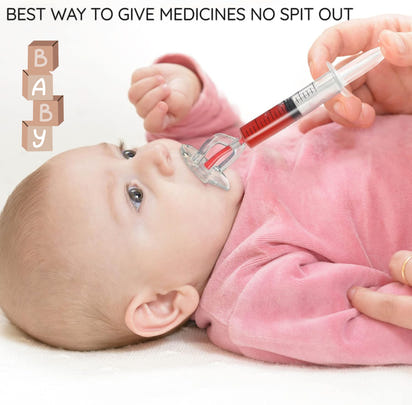 Baby being given medicine with a syringe, text 'BEST WAY TO GIVE MEDICINES NO SPIT OUT', and 'BABY' blocks.